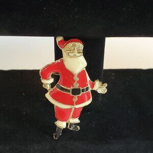 Vintage Santa Claus Christmas Enamel Brooch Pin with Gold Tone RARE
